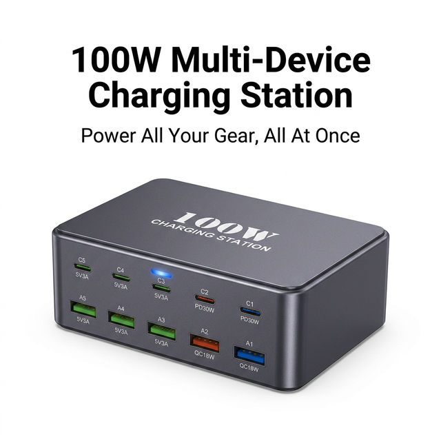 Hot Sale 30W 5 Port Fast Charger Station 100W Max Power Delivery USB-C PD 3.0 Laptop Multi-Device Charging Hub Retractable Cable