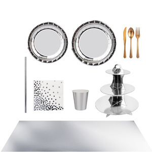 ชุดจานชามกระดาษสีเงินแบบใช้แล้วทิ้ง DAMAI พร้อมผ้าเช็ดปาก สำหรับตกแต่งงานปาร์ตี้วันเกิด - Product Image 1