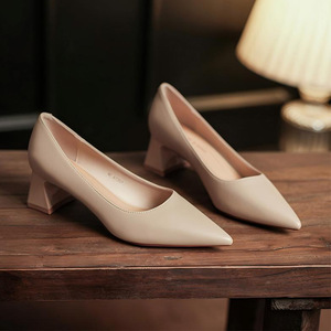 Escarpins pour femmes 5001A à bout pointu, talon carré, en cuir véritable, chaussures de bureau à talon moyen, semelle souple, chaussures de travail - Product Image 1