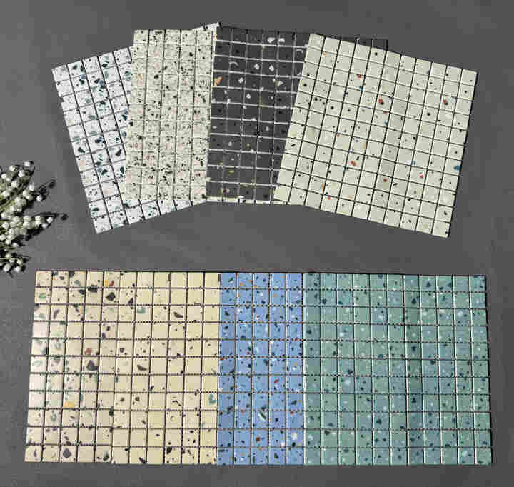 Modern Recycled Glass Parquet Tiles Mosaic with Terrazzo Design 4mm Thick for Kitchen Bathroom Pool & Hotel Walls
