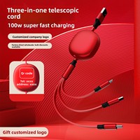 Grosir Kabel Data Transfer Pengisian Cepat 3-in-1 Retractable 100W Baru 2026 USB-A USB-C 8-Pin untuk Mobil, Ponsel, Tablet