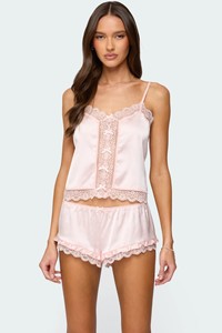 Women's Satin Pajama Set Sexy Lace Cami <strong>Top</strong> Ruffle Shorts Sleepwear Cute Bows <strong>Silk</strong> Two Piece Pjs Soft Loungewear <strong>Pink</strong> 2Pcs - Product Image 5