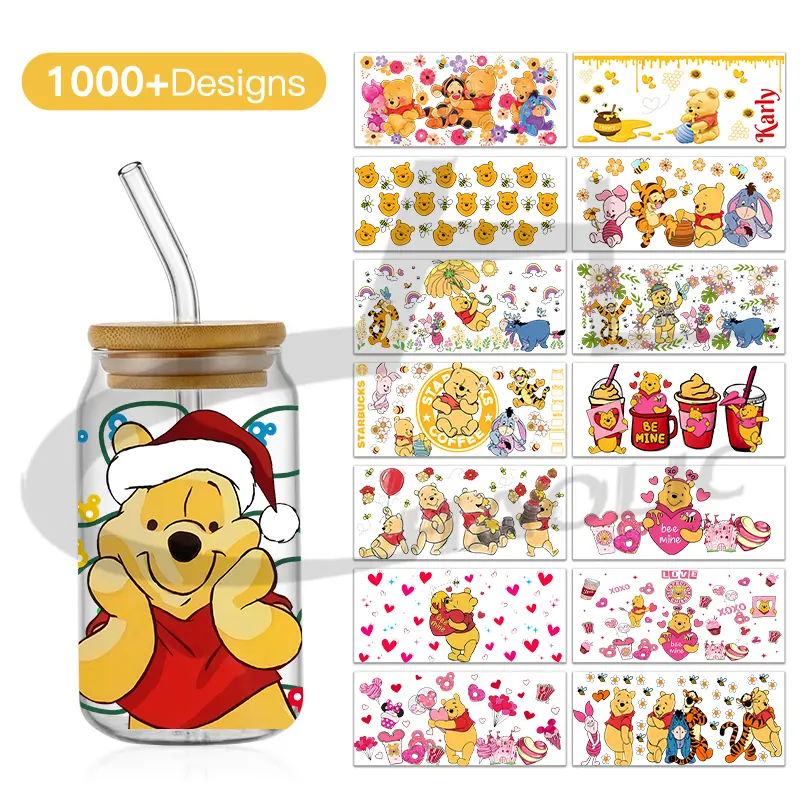 Custom Vinyl Sticker For Glass Cups Pooh Bear And Friends Sticker Label Waterproof UV DTF Cup Wrap Transfers 16oz High Quality