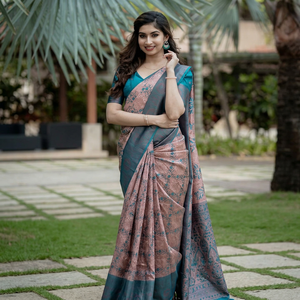 Sari tradicional indio de seda con estampado floral y borde azul para mujer, ropa de boda disponible al mejor precio - Product Image 1