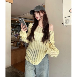 Maglione da <span class=keywords><strong>donna</strong></span> lavorato a <span class=keywords><strong>maglia</strong></span> <span class=keywords><strong>gialla</strong></span> con camicetta protezione solare tinta unita con Top Casual allentato per la lunga lunghezza della primavera estate - Product Image 3