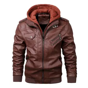 Factory direct sales fall winter men detachable knit hooded pu leather jacket large size casual trend leather