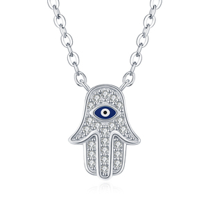 Collana con Pendente Occhio Blu Portafortuna in Argento Sterling 925 Placcato Rodio con Zirconia Cubica e Catena a Croce - Product Image 1