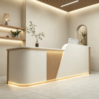 Bureau d'accueil moderne et minimaliste avec bande lumineuse LED, comptoir en bois cannelé pour salon de beauté, spa, hôtel, bureau