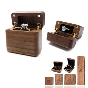 صندوق خاتم خشبي نحيف للخطوبة مع إسفنجة خشبية صلبة مستطيلة مجوهرات عرض هدايا عيد ميلاد