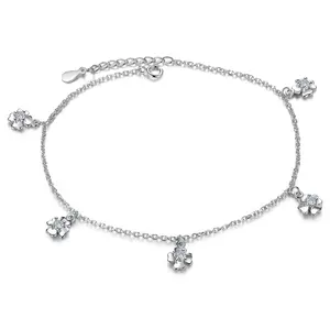 Factory wholesale high quality fashion luxury cubic zirconia four leaf clover pendant 925 sterling silver women's anklet