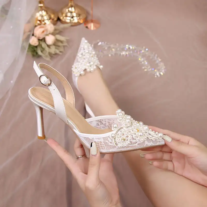 2022 Latest Popular White Wedding Shoes Lace Fashion High Heels Pearl Women's Pumps
