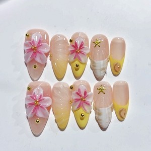 Nouveau Produit Idées 3D Fleur Acrylique Nail Art Moyen Amande Pas Cher Rose Kawaii 10Pcs Manucure Fait Main Long Amande Presse sur <span class=keywords><strong>Ongles</strong></span> - Product Image 3