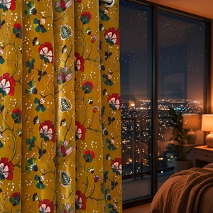Vintage Style Cotton Velvet <b>Curtain</b> Mustard Yellow Floral Print Drapes for Living Room Bedroom <b>Window</b> and Home Decor - Product Image 1