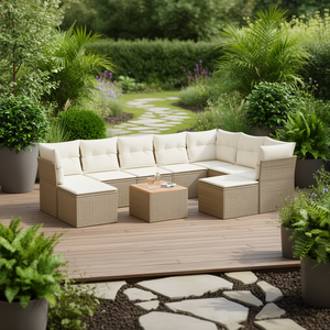 Ensemble de canapés de jardin en rotin beige avec coussins en mousse haute densité, mobilier d'extérieur au design contemporain, durable pour usage en terrasse - Product Image 2