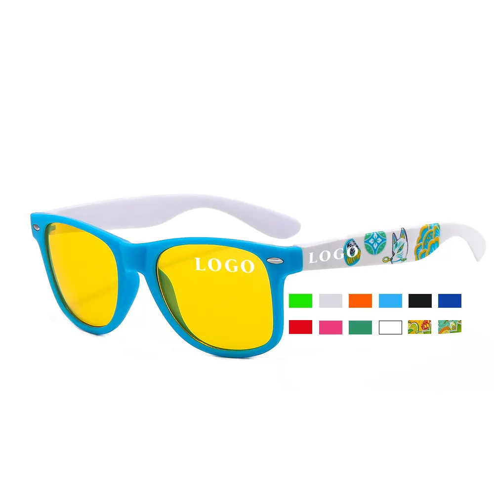 Montura de plástico de primera calidad, lentes amarillos, patrón de logotipo personalizado UV400, gafas de sol para hombres y mujeres, gafas de sol para pescar, senderismo, compras de golf