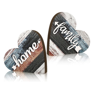 2 Pcs Panneau Rustique en Bois Love Home Signe de Table en Bois en Forme de Coeur Plaque Familiale Farmhouse Buffalo Plaid - Product Image 1