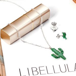 Parure de bijoux pour femme en acier inoxydable plaqué or 18 carats, motif cactus estival brillant et serti de diamants, comprenant un collier et des boucles d'oreilles - Product Image 6