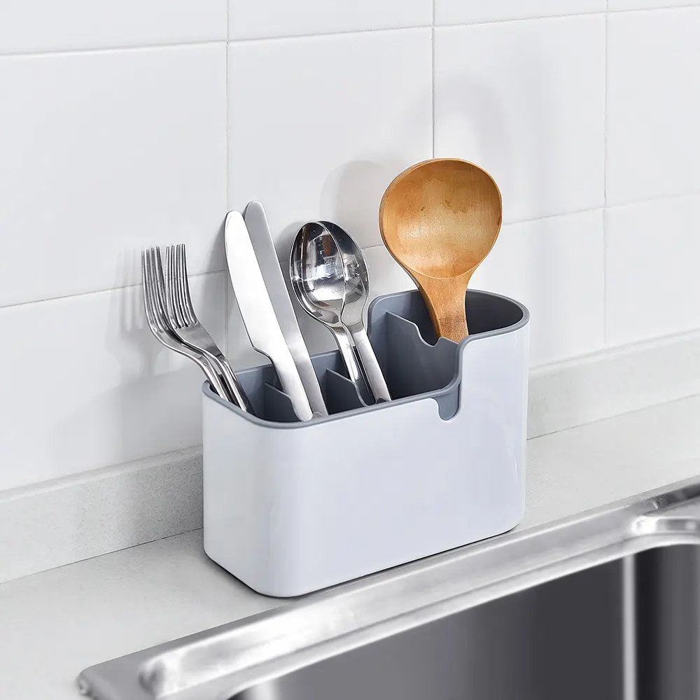 Soporte de vajilla para el fregadero de la cocina, soporte de utensilios de plata con soporte de pared para encimera, color blanco
