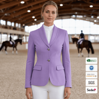 Chaqueta de equitación para mujer, color lavanda, con cuello chal, doble botonadura plateada, corte princesa, blazer de equitación, OEM personalizado