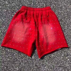 Shorts pour hommes en coton 100% avec imprimé vintage délavé à l'acide, strass, séchage rapide, taille tricotée, streetwear décontracté, cordon de serrage tendance - Product Image 6