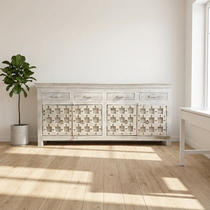 Buffet en bois indien recyclé, armoire de rangement à quatre portes, tiroirs, meuble TV artisanal pour salon, salle à manger, chambre - Product Image 1