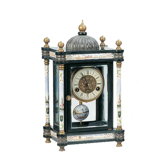 Pintura de estilo francés Cloisonne decorado pabellón columna caja de mármol vidrio biselado 15 días repetidor llamativo reloj de mesa/reloj