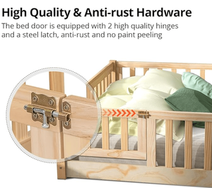 Letto <span class=keywords><strong>Montessori</strong></span> a terra a grandezza naturale con recinzione e porta, letto per bambini in legno massello - Product Image 4