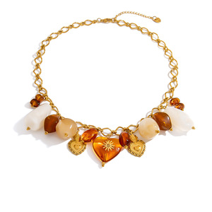 Collar de Moda con Cuentas, Aleación de Zinc, Corazón de Resina, Ovalado, Cadena para Clavícula, XL31933 - Product Image 4