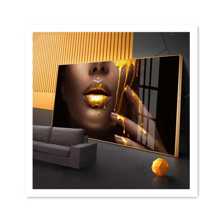 Gold Sexy Lip Black African Nude Woman UV Printing on Acrylic Crystal Porcelain Painting African Wall art