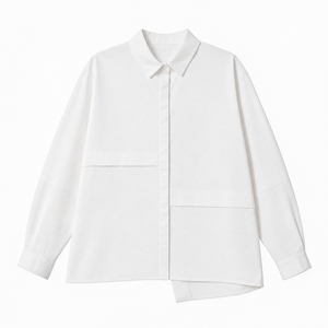 Custom Logo Oversized White Shirt Drop Shoulder <b>Long</b> Sleeve Button Down Shirt Asymmetric Hem Panel Design Streetwear Wholesale - Product Image 3