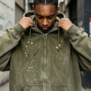 Sudadera con capucha de streetwear personalizada con pedrería, oversize, de felpa francesa de alto gramaje, con lavado ácido vintage, efecto desgastado, con cremallera, 500 g/m² - Product Image 3