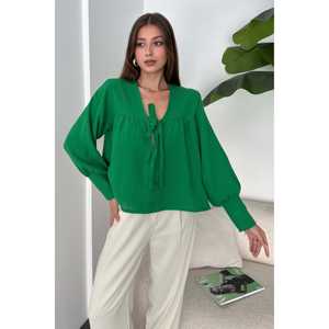 Basic Muslin Blouse With <b>Tie</b> Neckline <b>Women</b> Linen Bohemian Everyday Breathable Green - Product Image 1