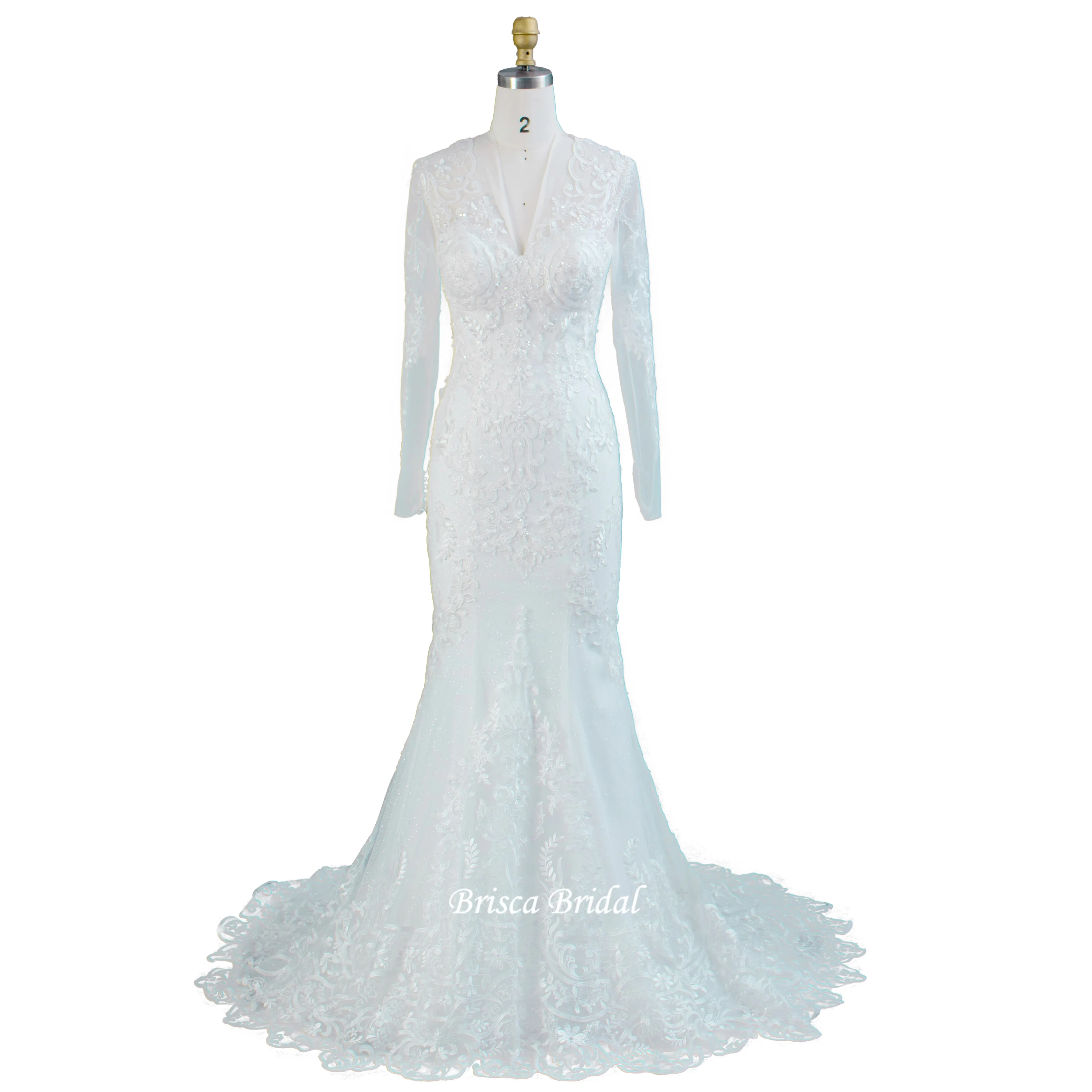 Light Ivory Sexy Illusion Sparkle Mermaid Bridal Dress Women Vestido de novia White Bride Gown OEM Long Sleeve Wedding Dress