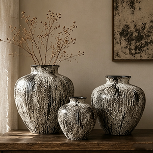 Set di <span class=keywords><strong>Vasi</strong></span> <span class=keywords><strong>in</strong></span> Ceramica Nera e Bianca con Scanalature Verticali e Texture Invecchiata, Decorazione Wabi Sabi per Credenza <span class=keywords><strong>in</strong></span> Legno - Product Image 1