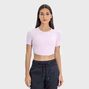 Ladies 2024 Summer Round Neck Short Sleeve Skinny Cropped Yoga T-shirt Breathable Solid Colors Custom Ribbed Active Crop Top