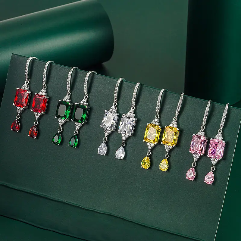 Brincos luoxin vintage coloridos com cristal esmeralda, brincos longos para mulheres, novo design