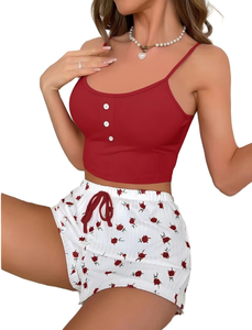 Fabrikpreis 2-teiliges Damen-Freizeit-Loungewear-Set Geripptes Top und Shorts mit Weicher Elastischer Taille Nachtwäsche für Winter Schlafzimmer - Product Image 2