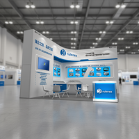 Stand d'exposition, design bleu avec télévision et espace de rangement, idéal pour les salons professionnels en Europe