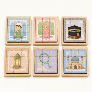 Set di Cubi Educativi Islamici 6 in 1 in Legno con Vassoio Portaoggetti, Gioco di Apprendimento Prescolare per Bambini - Product Image 1