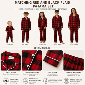 Pigiami Natalizi Coordinati per Famiglia, Abbigliamento da Notte per Uomo e Donna, Flanella di Cotone a Quadri Rosso e Nero con Colletto a Risvolto - Product Image 4