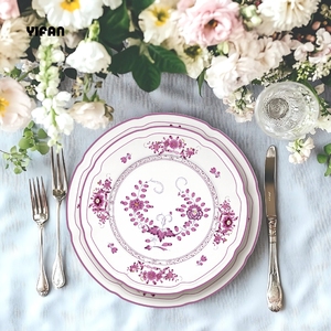 2025 New Design Eco-Friendly Wedding Ceramic Porcelain Dinnerware Set Pink Flowers Dishwasher Safe for Events Catering Rental - Product Image 1