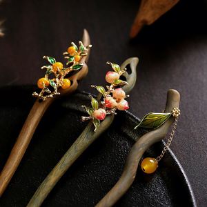 Bâtonnet à cheveux ancien en bois de santal, style rétro, avec perles et feuilles, pour chignon, bijou de coiffure pour costume chinois Han - Product Image 2