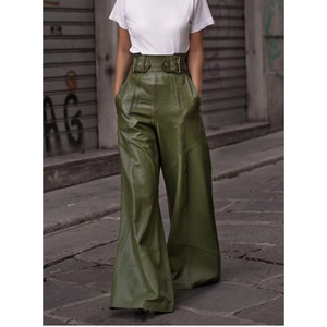 <span class=keywords><strong>Pantaloni</strong></span> larghi svasati Casual a vita alta <span class=keywords><strong>in</strong></span> <span class=keywords><strong>pelle</strong></span> sintetica di alta qualità alla moda personalizzata <span class=keywords><strong>con</strong></span> cintura elastica e tasche larghe - Product Image 1