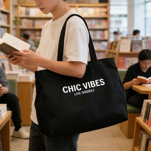 Zippered Canvas Tote <strong>Bag</strong> with Custom Logo Black &amp; White Letters for Men/Women All Seasons Shopping &amp; Daily Use - Product Image 2
