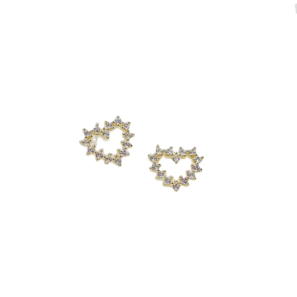 Boucles d'oreilles en forme de coeur en or 14 carats plaqué argent S925 simples et ravissantes avec plein de diamants petites boucles d'oreilles coeur d'amour exquis