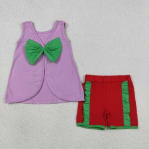 Conjunto sin mangas para niña GSSO3465 rts Little Active Girl, morado con estampado sólido y lazos verdes, venta al por mayor para niños - Product Image 5