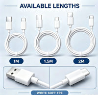 Câble de charge et de données USB-A vers 8 broches renforcé 3A, avec protection anti-tension moulée en TPE souple, 1M 1.5M 2M, Vente en gros