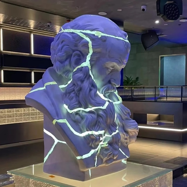 Fiberglass Cyberpunk Robot with Purple LED Head Glow & Blue Arm Strips Viral Bar Photo Spot