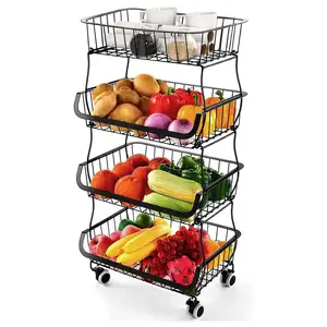 水果蔬菜篮收纳箱4层可堆叠金属丝收纳篮，带厨房轮子