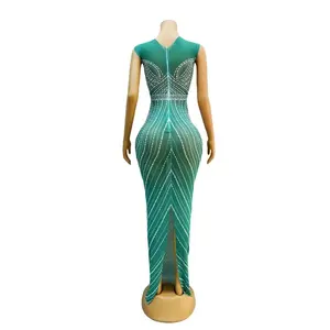 Green Mesh Pearls Ärmellose Stretch Abend Neu gestaltete boden lange Fotoshooting Kostüm Geburtstag Feiern <span class=keywords><strong>Prom</strong></span> Party - Product Image 5